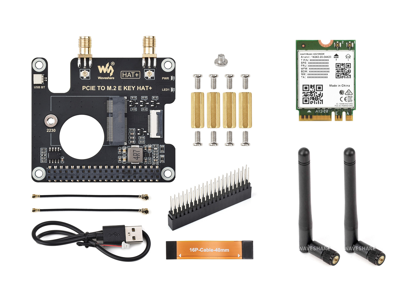 树莓派 5 PCIe 转 M.2 E KEY 转接板 PI5 专用转接板 适用各种 NGFF (M.2 E Key) 无线网卡 支持 USB 蓝牙连接  HAT+标准