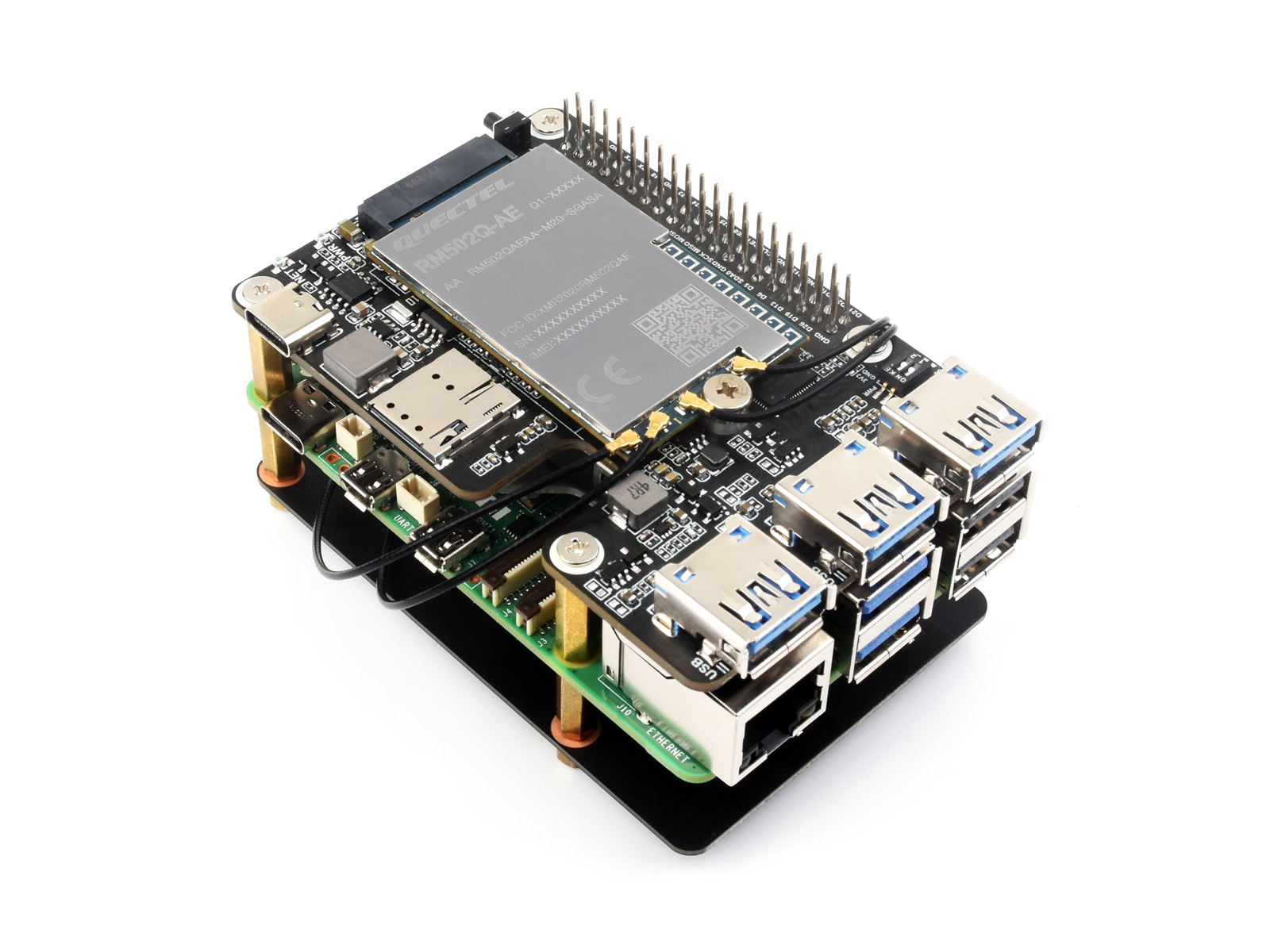 树莓派5专用 PCIe扩展板 PCIe转M.2 4G/5G和USB 3.2转接板 配套5G四合一天线支持SIMCom/移远4G/5G模组Nano-SIM高速上网