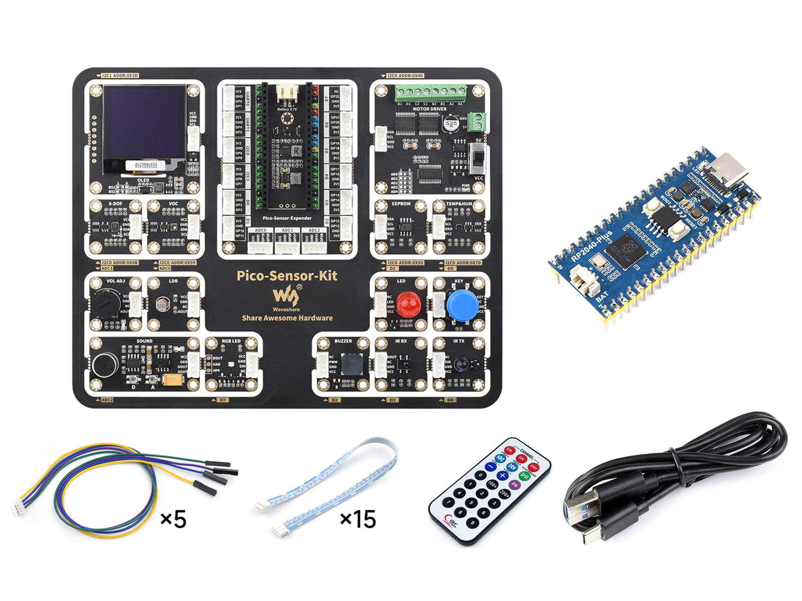 树莓派pico入门级传感器套件 含pico扩展板15款常见模块 一体式设计 含rp2040 Plus主板带排针 2836