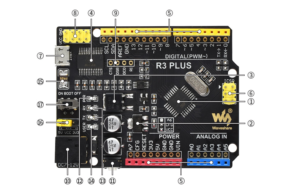 接口兼容 arduino 接口,并增加 2 路模拟输入 a6,a7 (a6 需配置 cfg