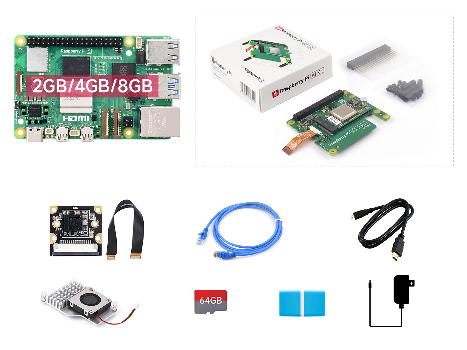 Raspberry Pi 5 4GB 树莓派5代 BCM2712处理器 2.4GHz四核64位Arm Cortex-A76 【人工智能套餐A 含Raspberry Pi AI Kit】