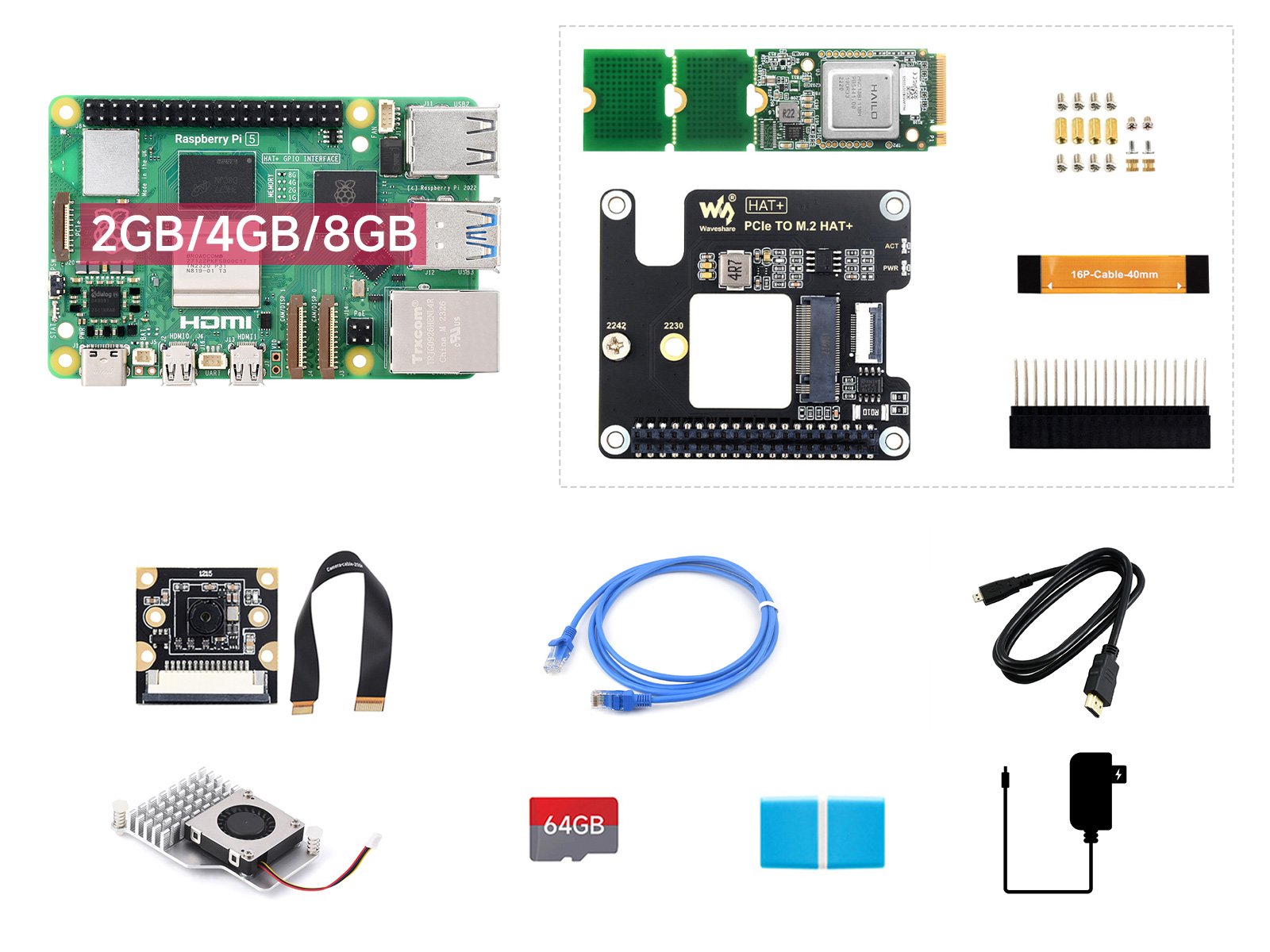 Raspberry Pi 5 8GB 树莓派5代 BCM2712处理器 2.4GHz四核64位Arm Cortex-A76 【人工智能套餐B 含Hailo-8 Acce A】