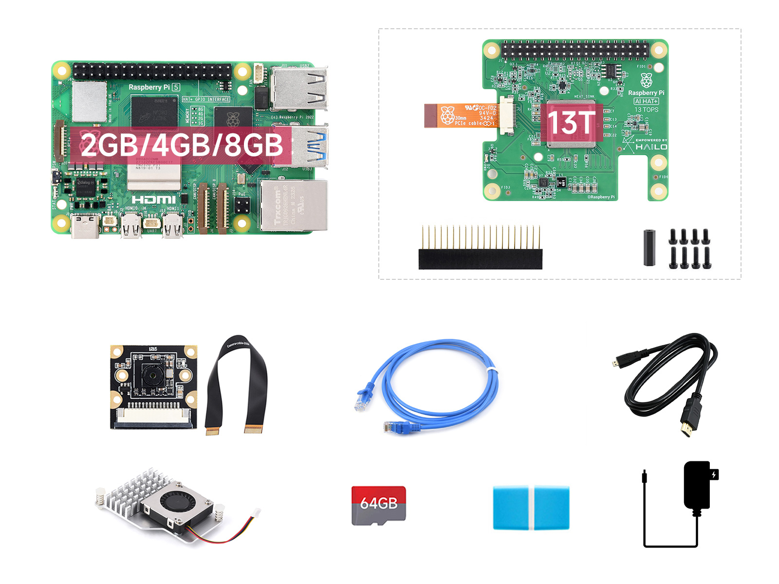 Raspberry Pi 5 2GB 树莓派5代 BCM2712处理器 2.4GHz四核64位Arm Cortex-A76 【人工智能套餐C 含Raspberry Pi AI HAT+ (13T)】