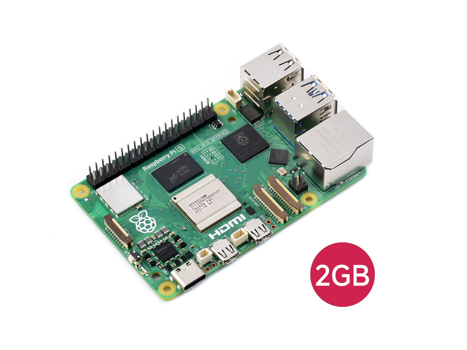 Raspberry Pi 5 2GB 树莓派5代 BCM2712处理器 2.4GHz四核64位Arm Cortex-A76 采用Raspberry Pi自主研发的I/O控制芯片RP1