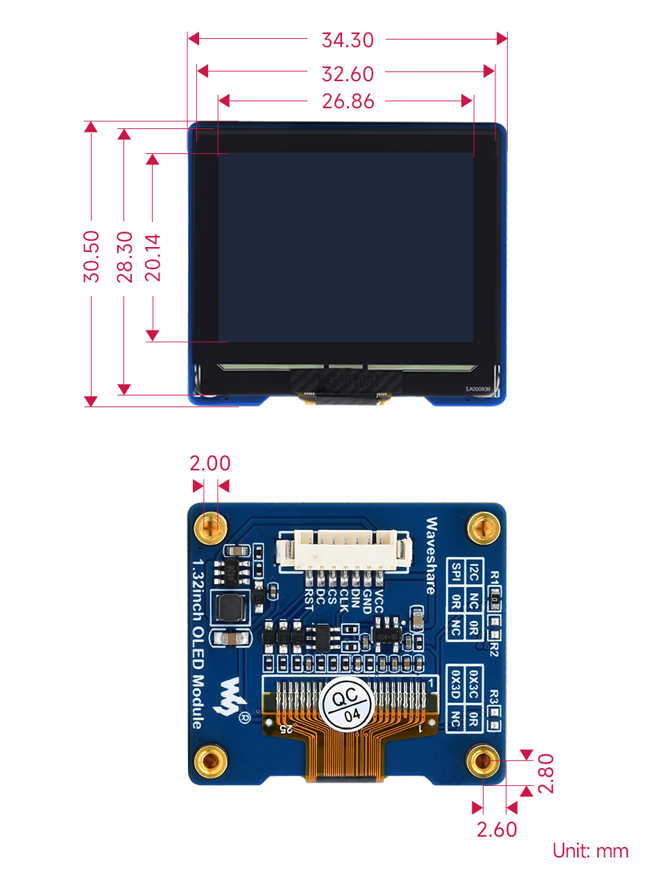 1.32寸OLED模块 128×96分辨率 16灰度级显示 SPI/I2C通信