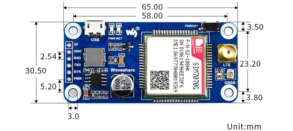 树莓派NB-IoT/Cat-M/GPRS/GNSS扩展板外形尺寸