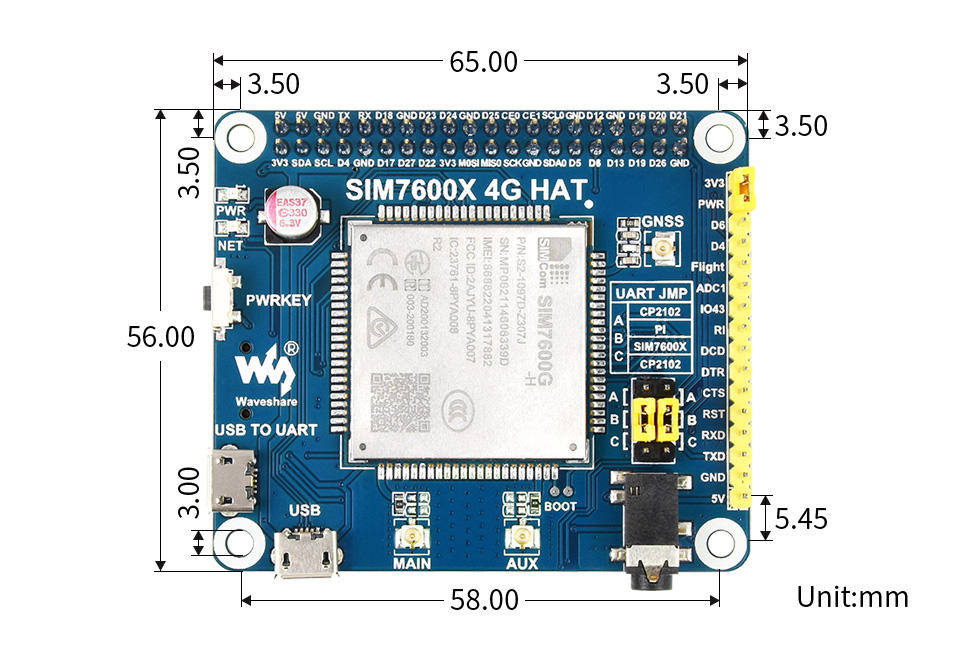 SIM7600G-H 树莓派4G扩展板 全球通 兼容3G/2G 带GNSS定位