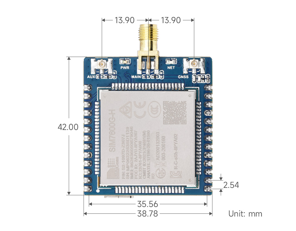 SIM7600G-H 4G 通信模块 全球通多频段 兼容4G/3G/2G 带GNSS定位 加焊排针版 带SMA天线